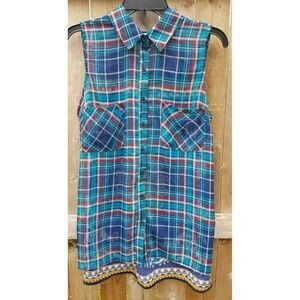 Sheer Sleeveless Button Down Top Large Blue Multi Plaid & Floral Summer Boho